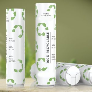 100% recyclable mono-material squeeze tubes made from PE, featuring eco-friendly designs with green recycling symbols for sustainable packaging.